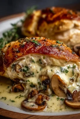 Cheesy garlic butter mushroom stuffed chicken on a plate