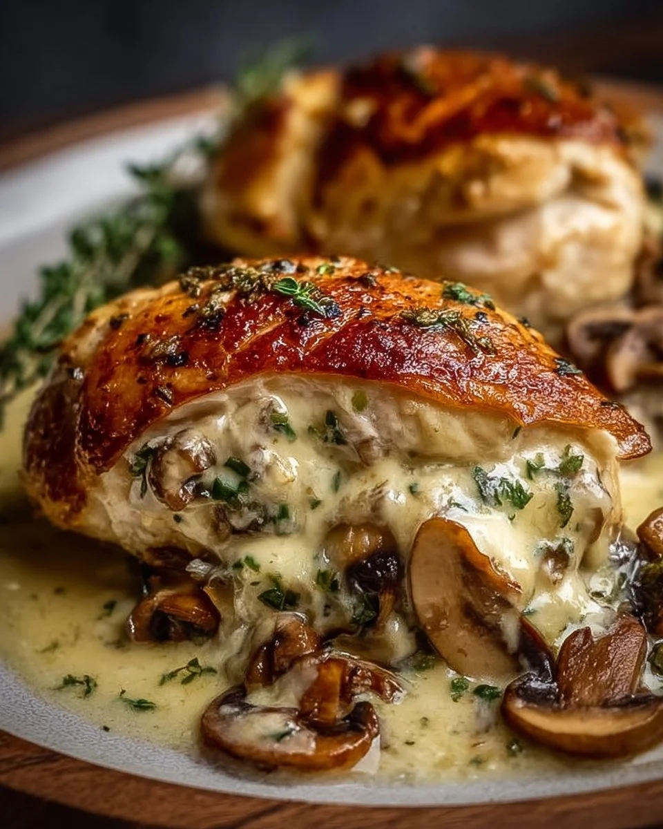 Cheesy garlic butter mushroom stuffed chicken on a plate