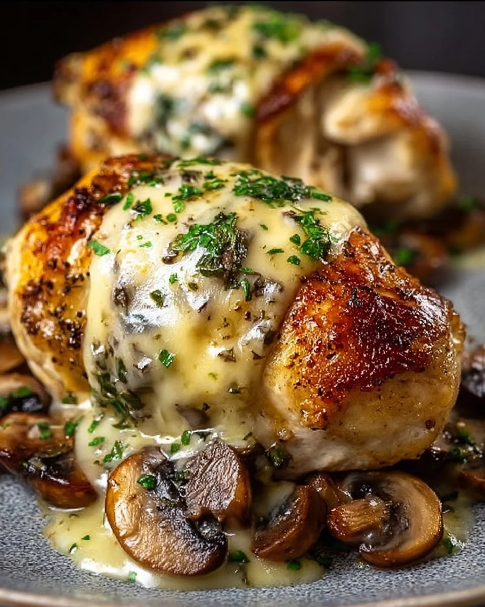 Cheesy Garlic Butter Mushroom Stuffed Chicken