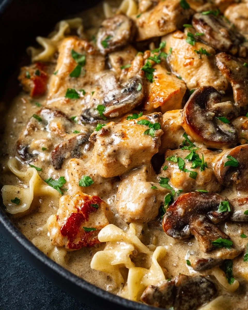 Plate of creamy Chicken Stroganoff with mushrooms and herbs