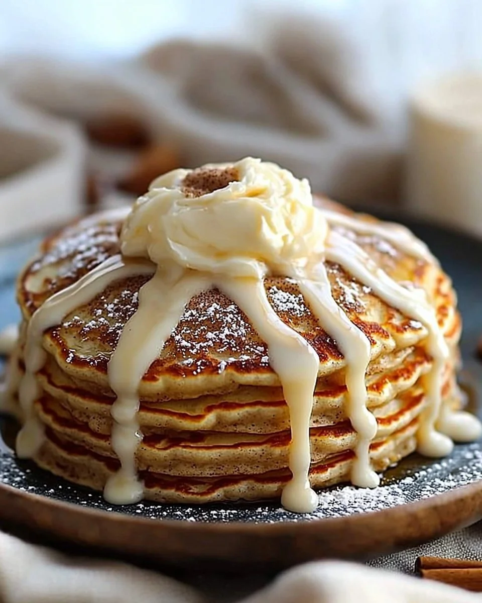 Stack of fluffy cinnamon roll pancakes topped with glaze and cinnamon swirl