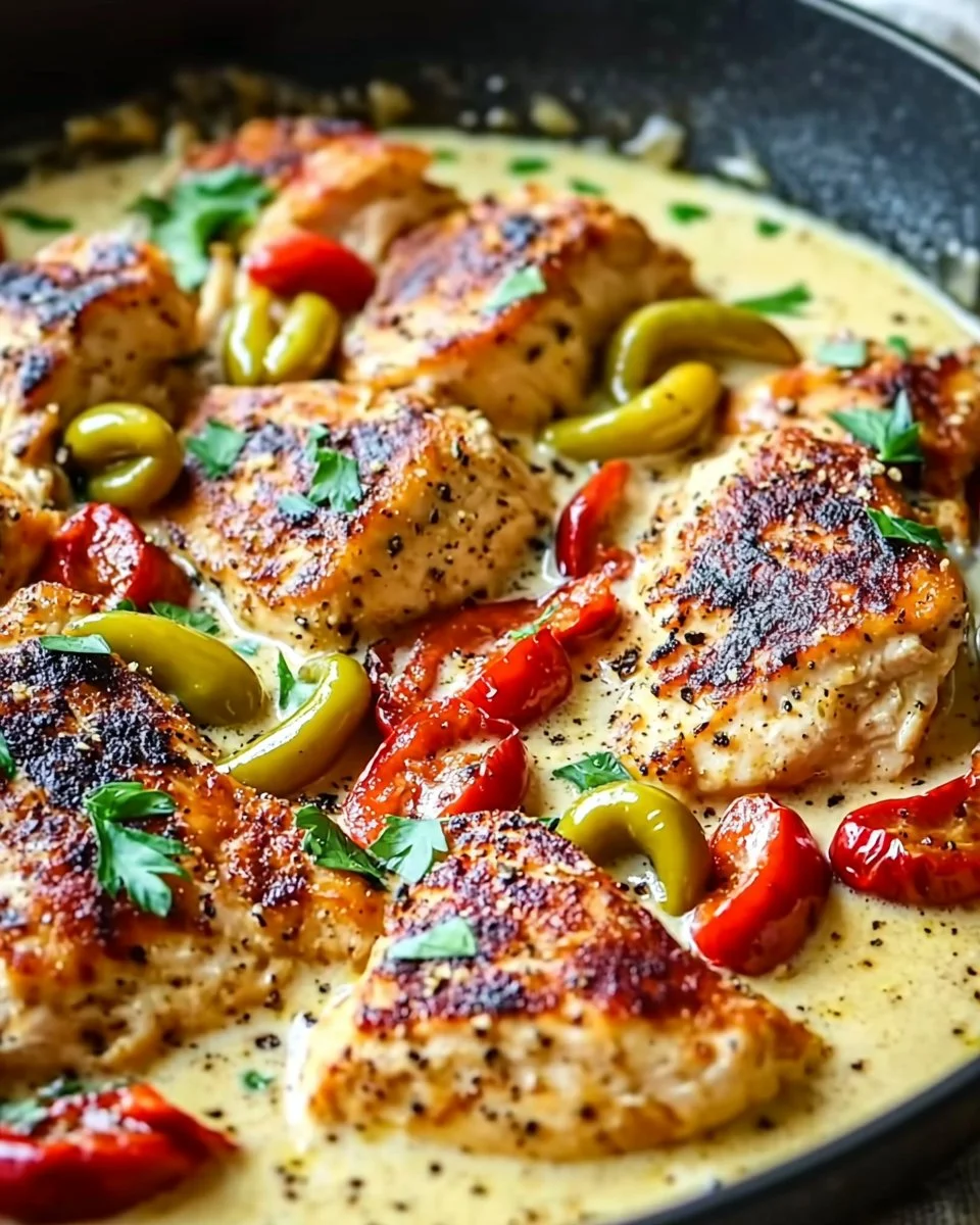 Creamy banana pepper chicken skillet cooked in a cast iron pan with colorful peppers.