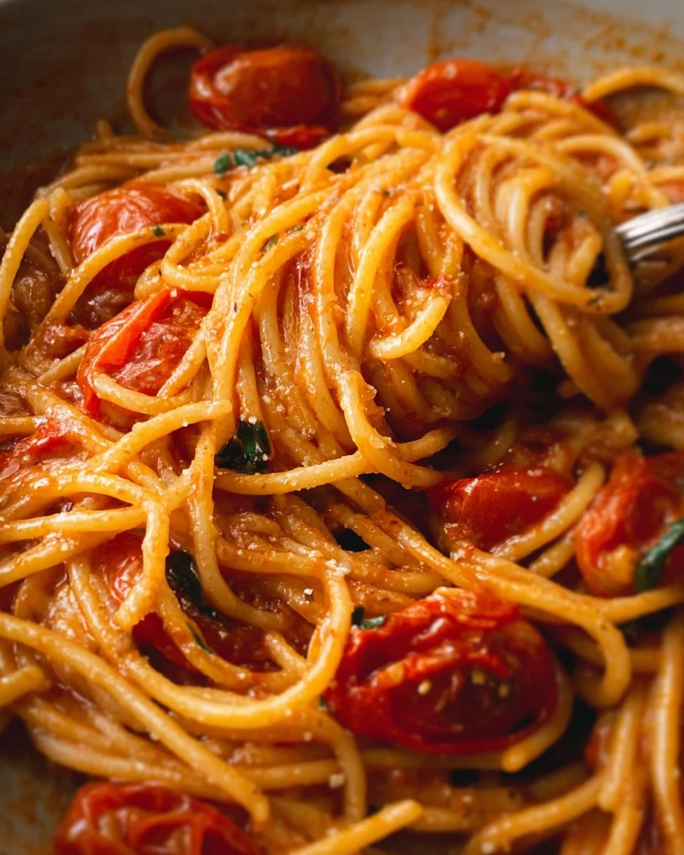 Creamy cherry tomato pasta dish with vibrant flavors and fresh ingredients