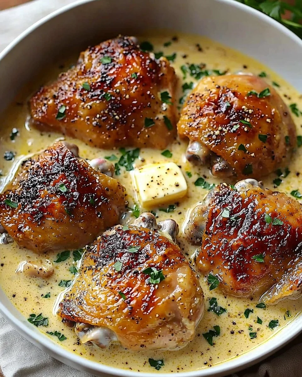 Creamy garlic chicken thighs cooked in a skillet with herbs and spices.