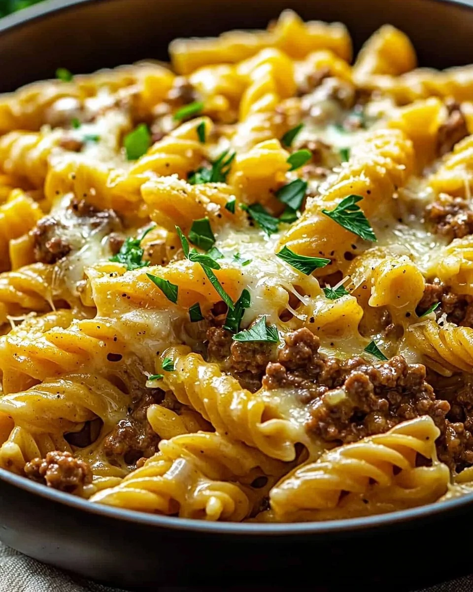 Creamy high protein beef pasta dish with fresh herbs and cheese