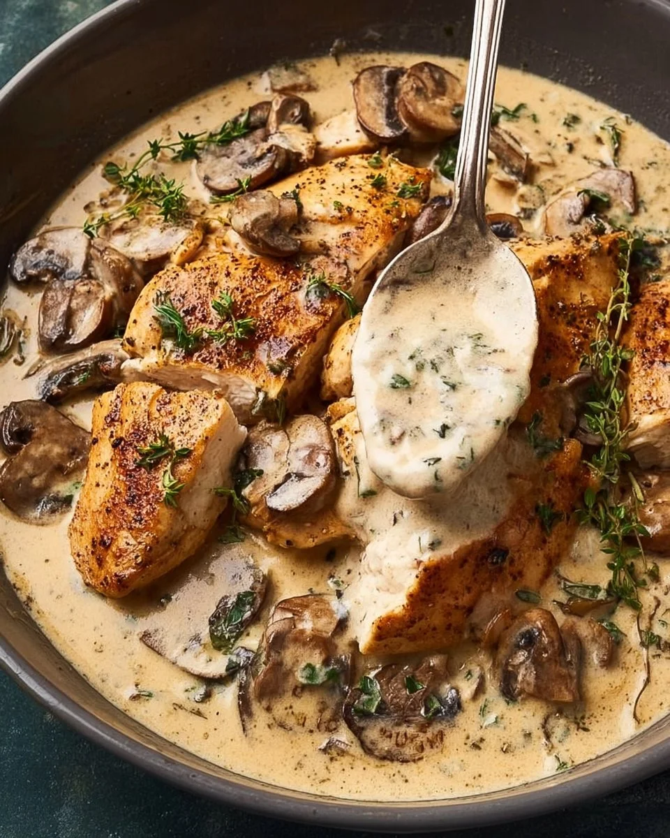 Creamy Mushroom Chicken dish garnished with fresh herbs ready to serve