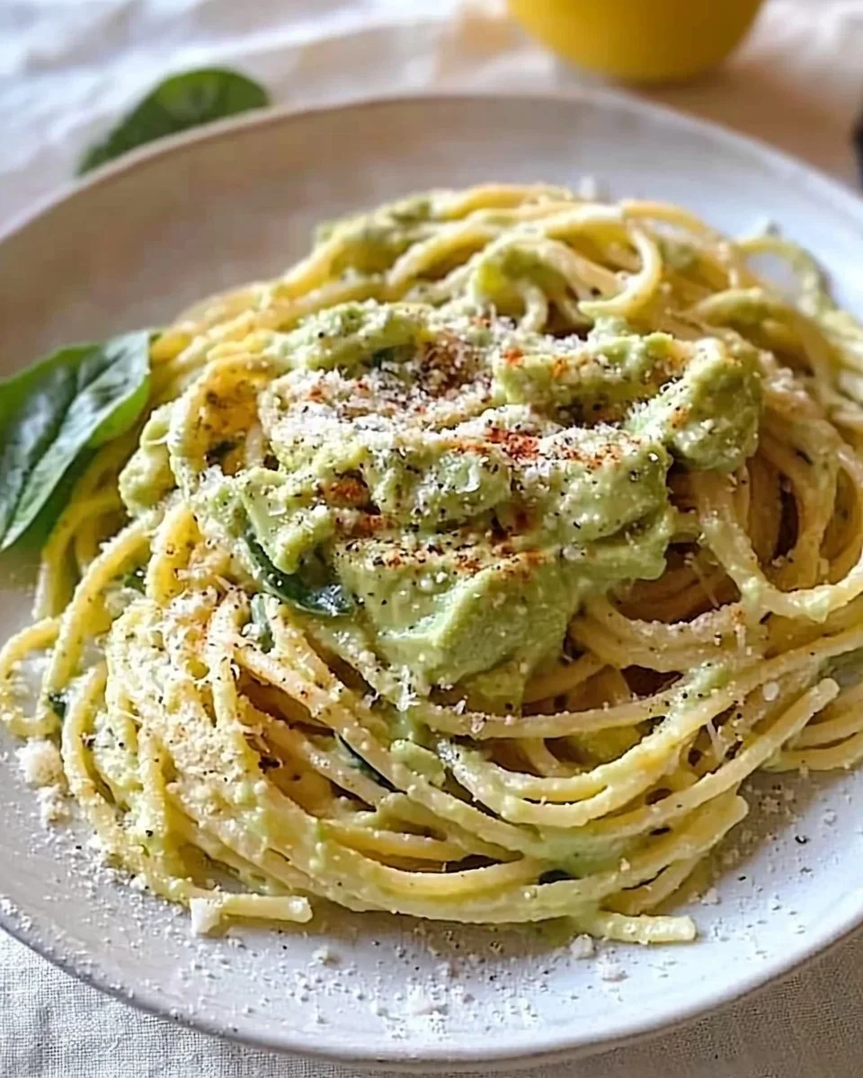 Creamy vegan avocado pasta served in a bowl with fresh basil and cherry tomatoes