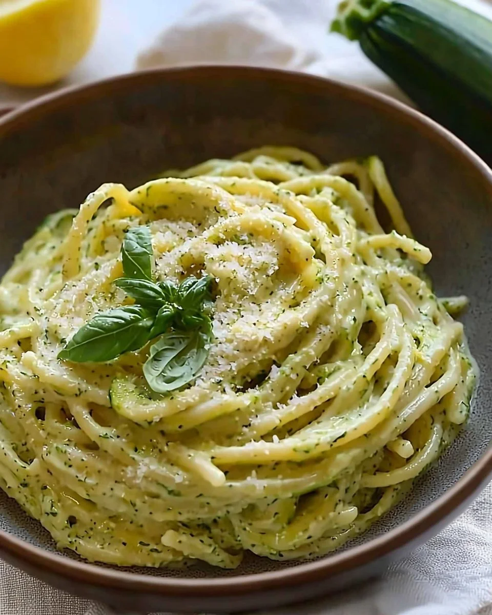 Creamy vegan zucchini pasta dish garnished with lemon and fresh basil