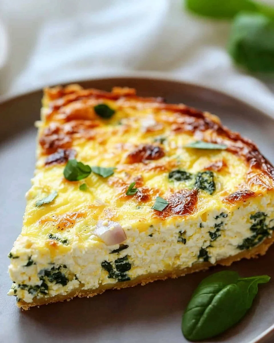 Crustless ricotta quiche slice served on a plate with fresh herbs