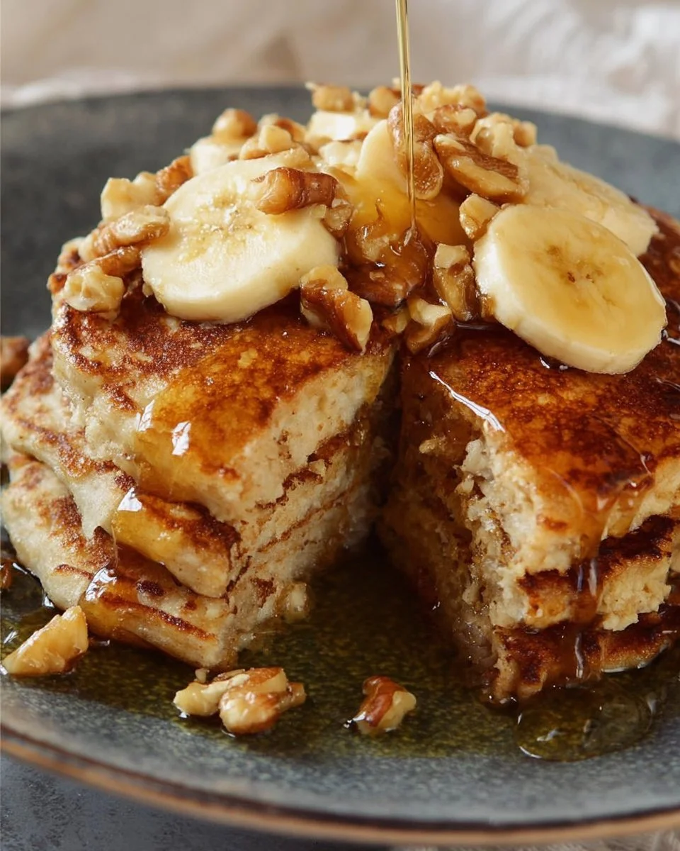 Stack of easy banana nut pancakes topped with walnuts and syrup