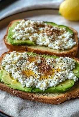 Sliced avocado on cottage cheese toast topped with herbs and spices