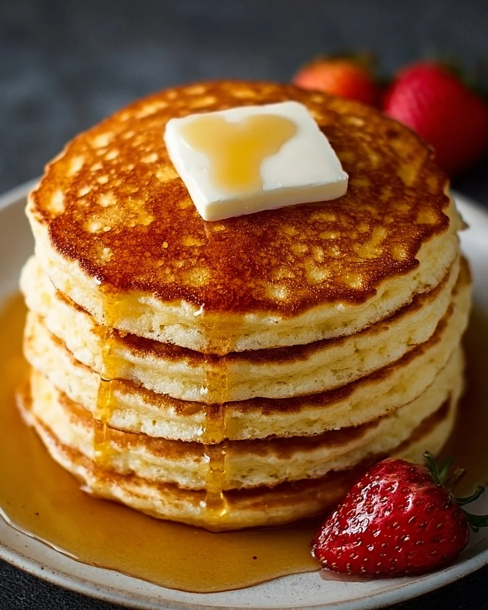 Stack of easy fluffy pancakes topped with syrup and berries