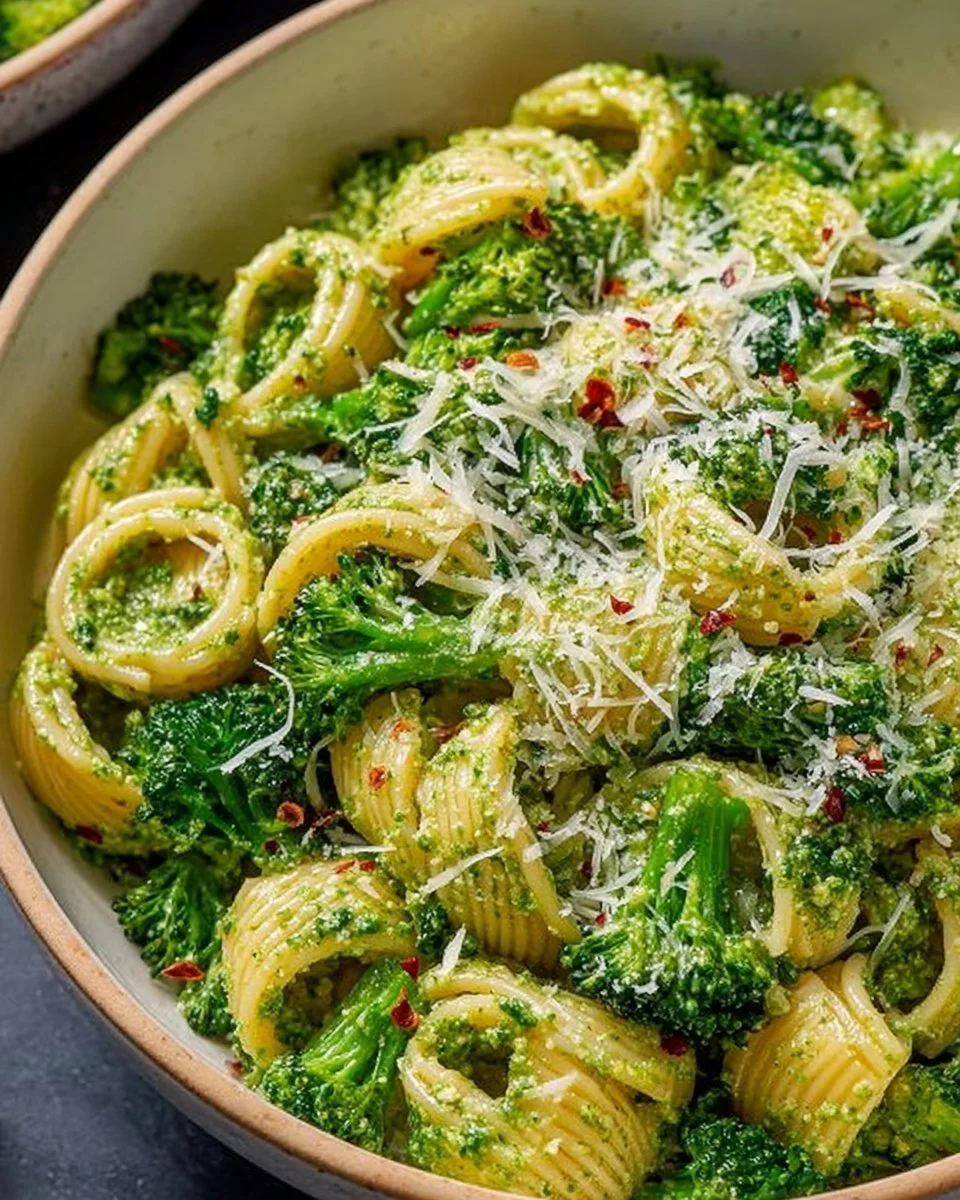 Bowl of easy healthy broccoli pasta topped with parmesan cheese