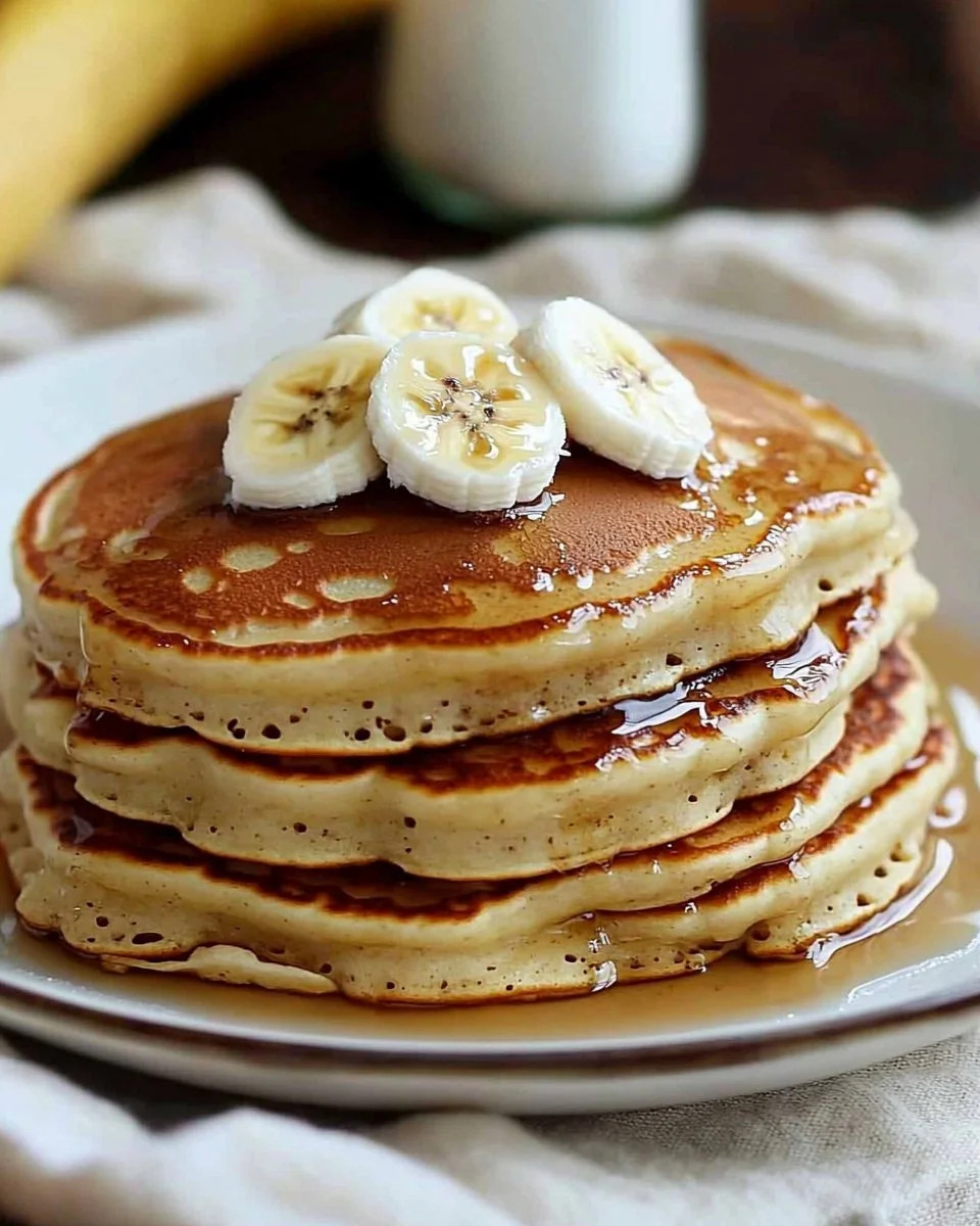 Fluffy banana pancakes served with syrup and fresh fruit