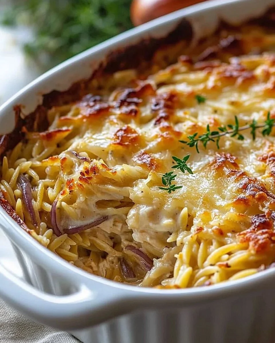 French Onion Chicken Orzo Casserole