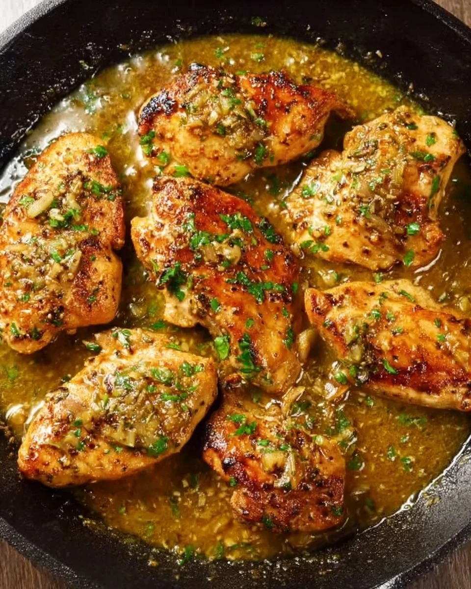 Delicious Garlic Butter Chicken served with herbs and vegetables