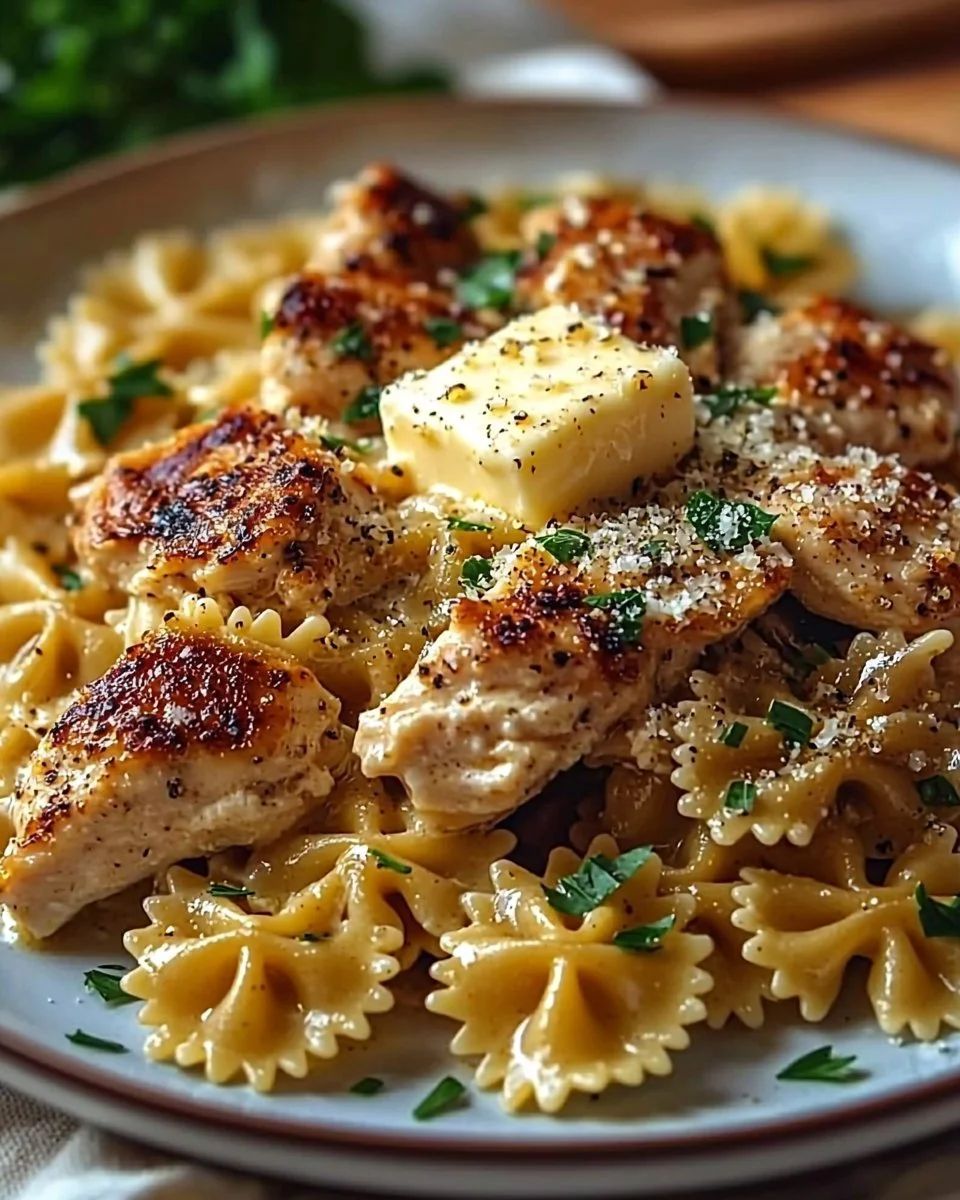 Garlic Butter Chicken served with Bowtie Pasta, a delicious weeknight meal.