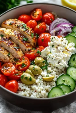 Delicious Greek chicken bowl topped with fresh vegetables and feta cheese