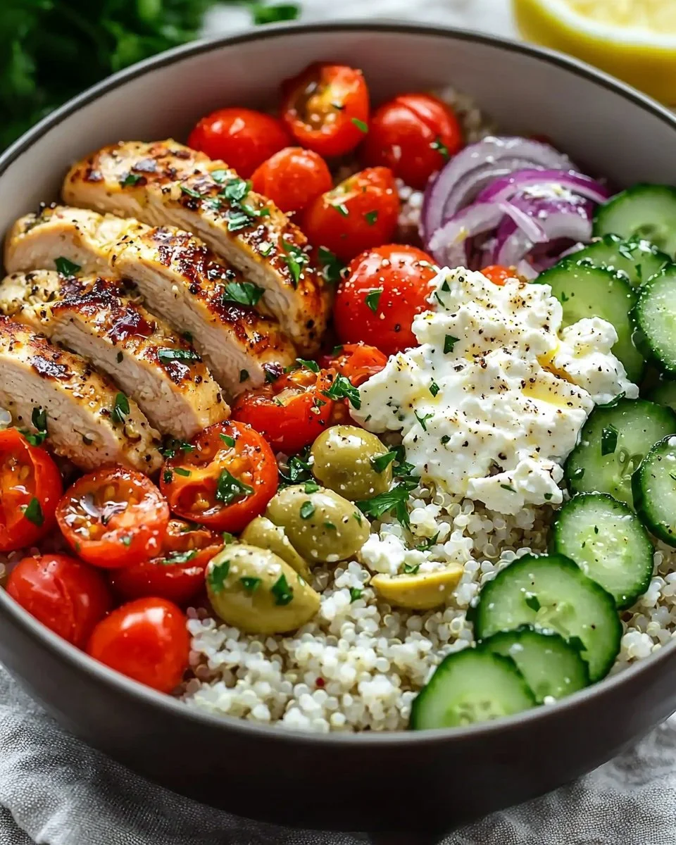 Delicious Greek chicken bowl topped with fresh vegetables and feta cheese