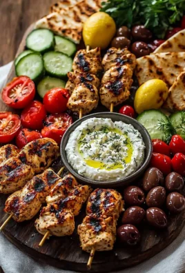 Greek chicken souvlaki grazing board with feta dip and colorful vegetables