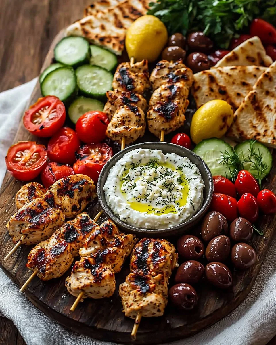 Greek Chicken Souvlaki Grazing Board with Feta Dip – A Mediterranean Feast to Share