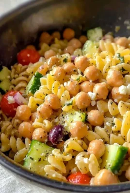 Bowl of Greek pasta salad with olives, feta cheese, and cherry tomatoes.