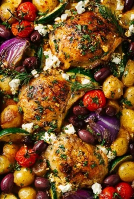A plate of Greek Sheet Pan Chicken with vegetables and herbs