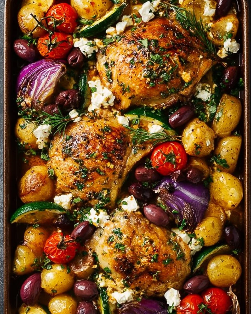 A plate of Greek Sheet Pan Chicken with vegetables and herbs