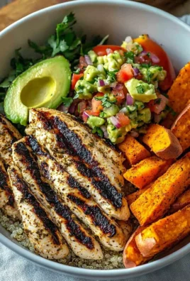 Grilled Herb Chicken Bowl with sweet potato fries and avocado salsa