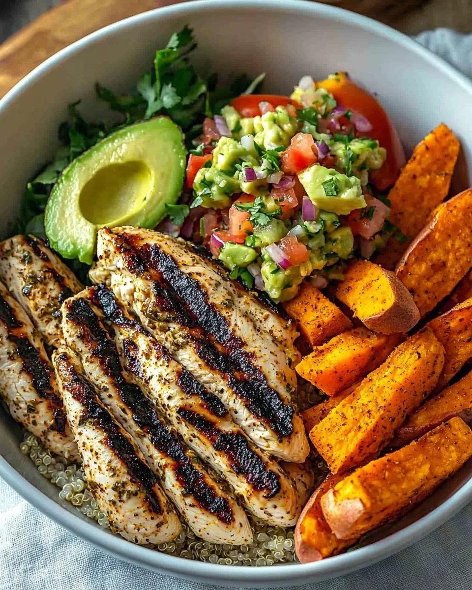 Grilled Herb Chicken Bowl with sweet potato fries and avocado salsa