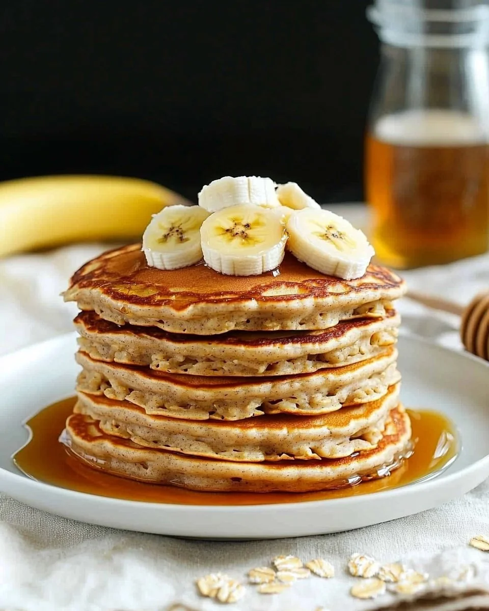 Healthy banana oatmeal pancakes stacked on a plate with fresh bananas and syrup