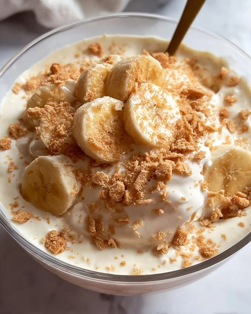 High protein banana pudding bowl topped with fresh bananas and whipped cream