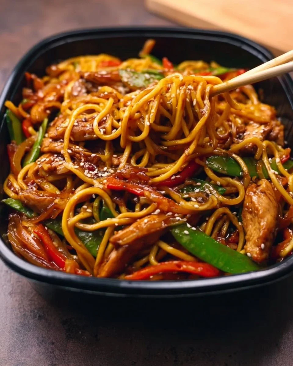 High Protein Chicken Chow Mein with vegetables and chicken in a bowl