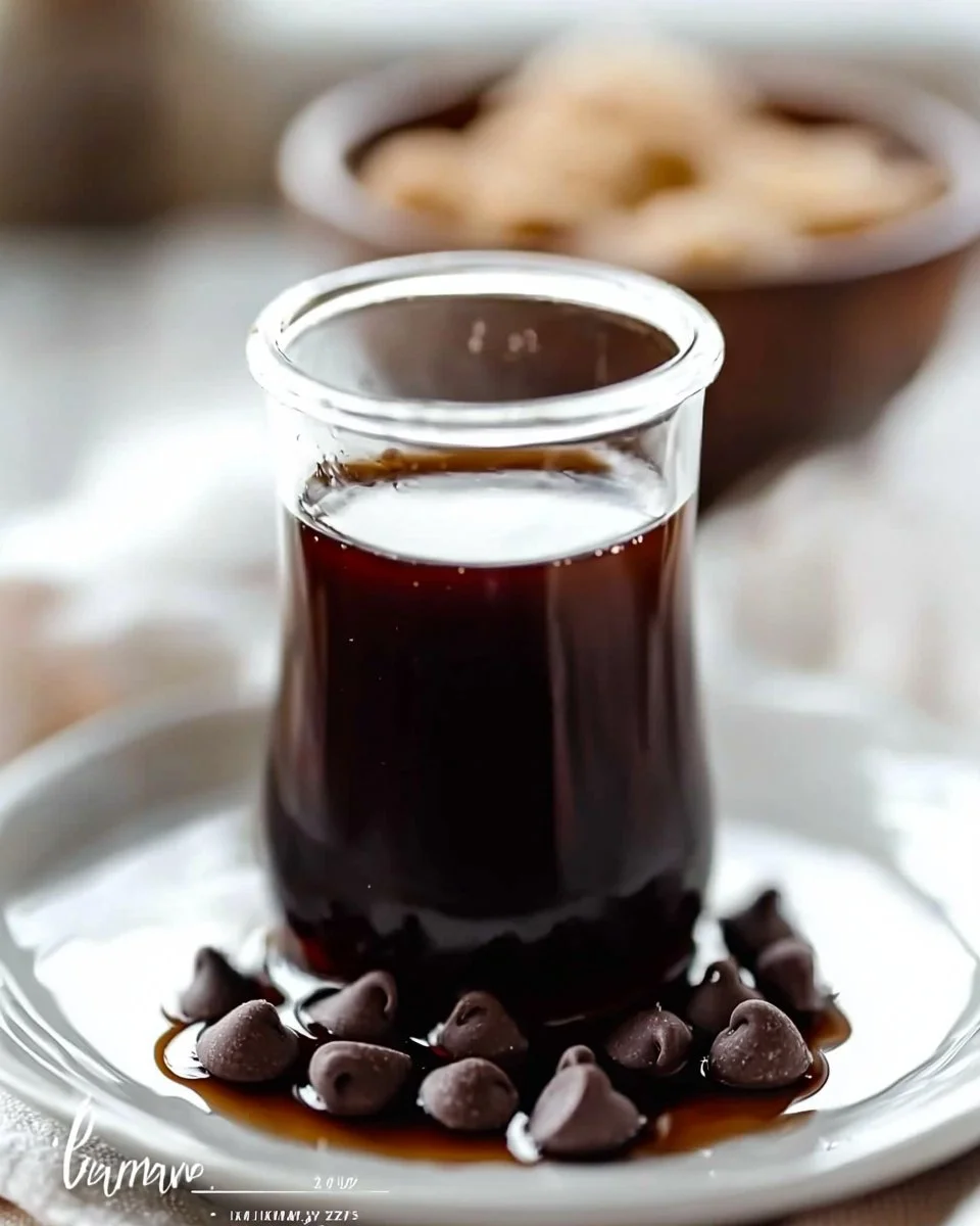 Homemade chocolate chip cookie dough syrup drizzled over desserts.