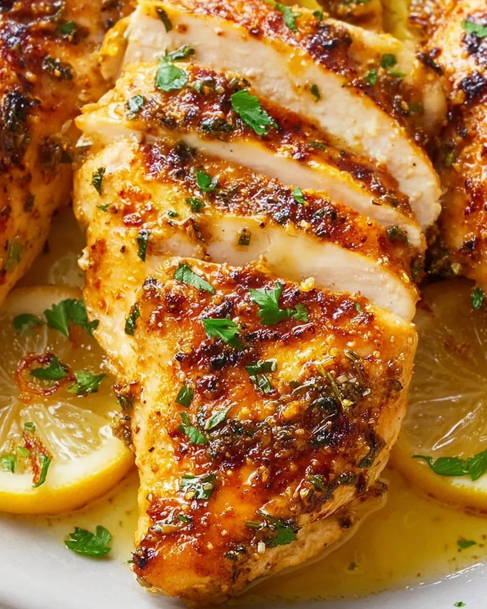 Delicious Lemon Garlic Chicken dish garnished with herbs and lemon slices.