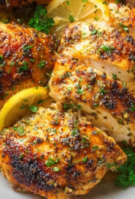 Delicious lemon garlic chicken served on a plate with herbs and lemon slices