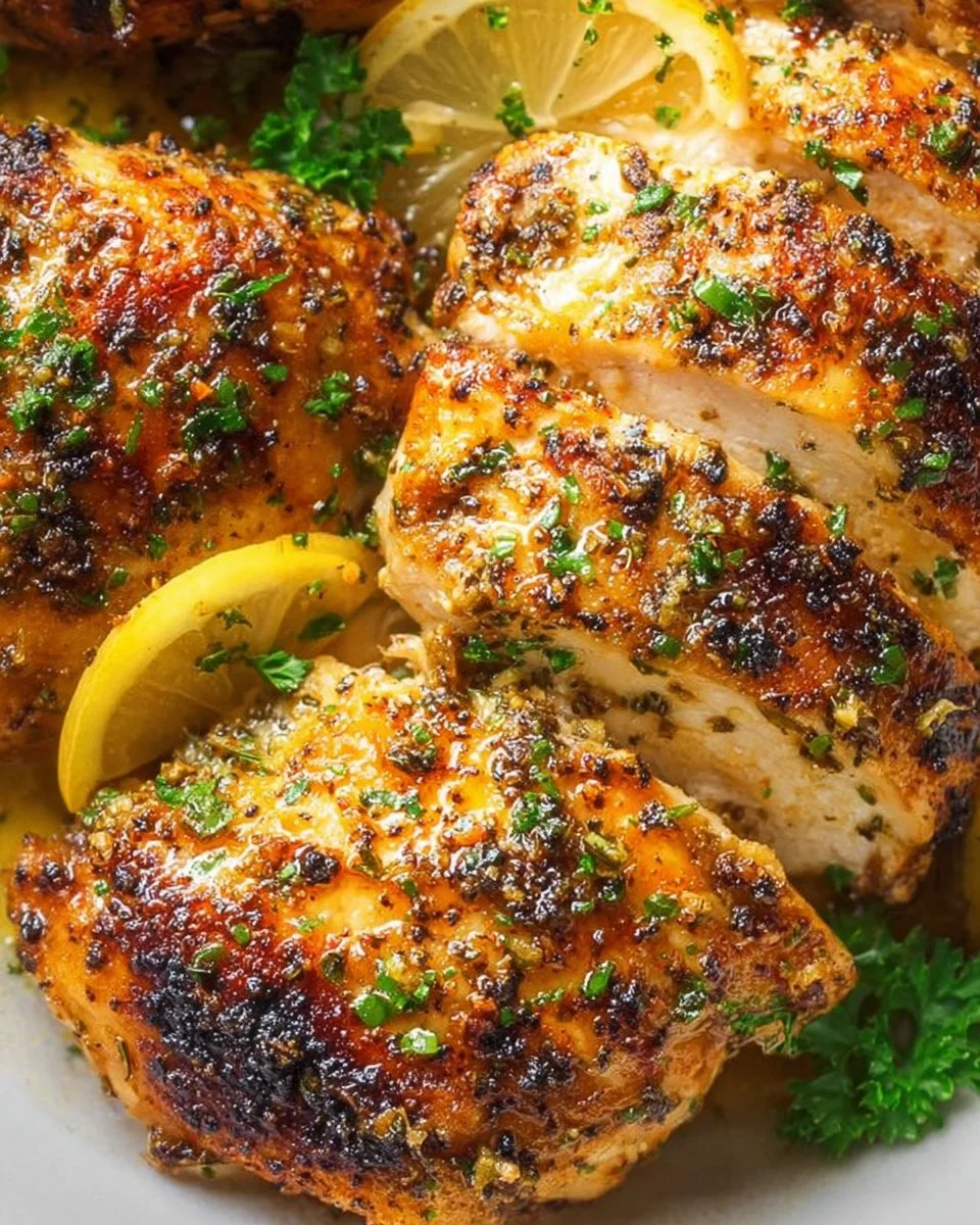 Delicious lemon garlic chicken served on a plate with herbs and lemon slices