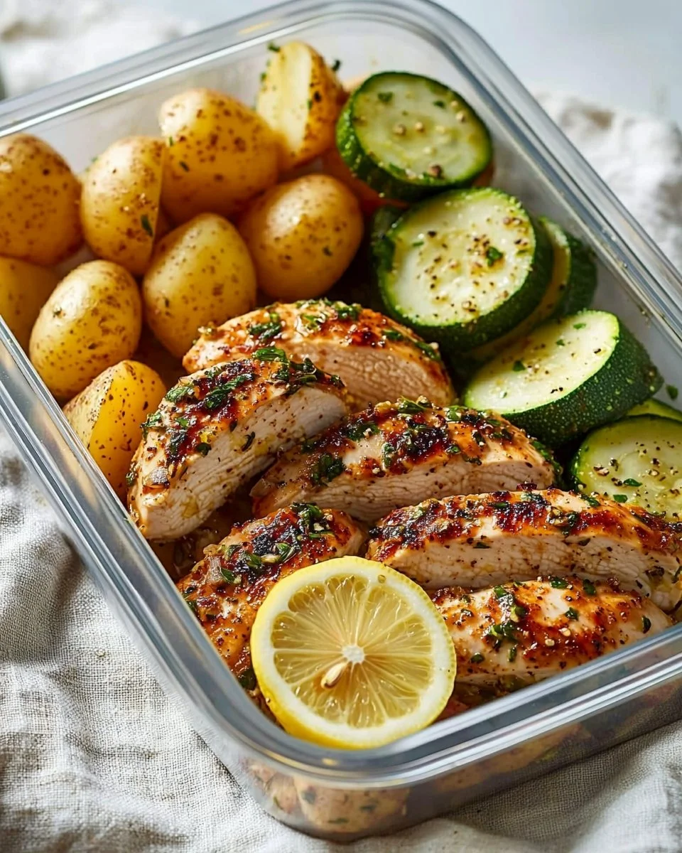 Lemon Garlic Chicken Meal Prep in meal containers with fresh vegetables