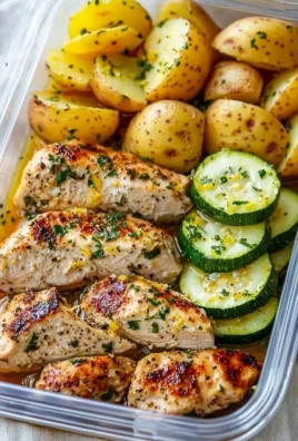 Lemon Garlic Chicken meal prep in a meal container with fresh ingredients.