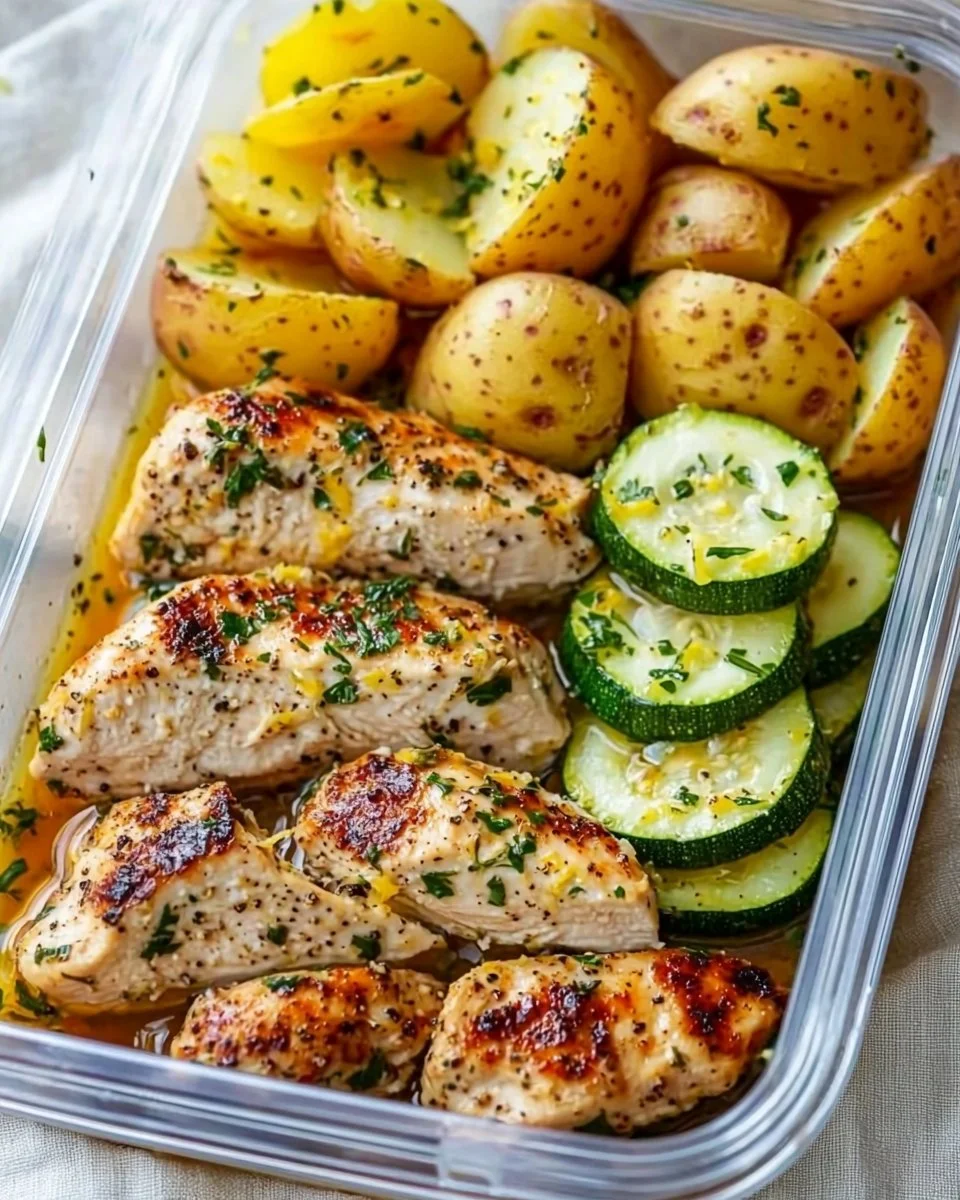 Lemon Garlic Chicken meal prep in a meal container with fresh ingredients.