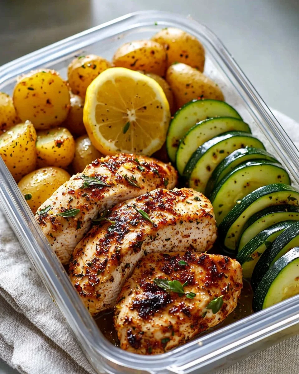 A plate of Lemon Garlic Chicken with fresh herbs and lemon slices.