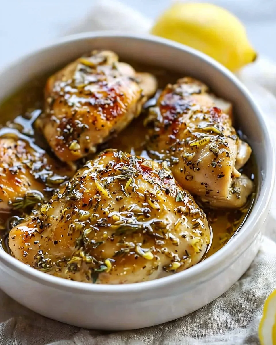 Lemon and garlic Greek marinated chicken served on a plate with herbs.