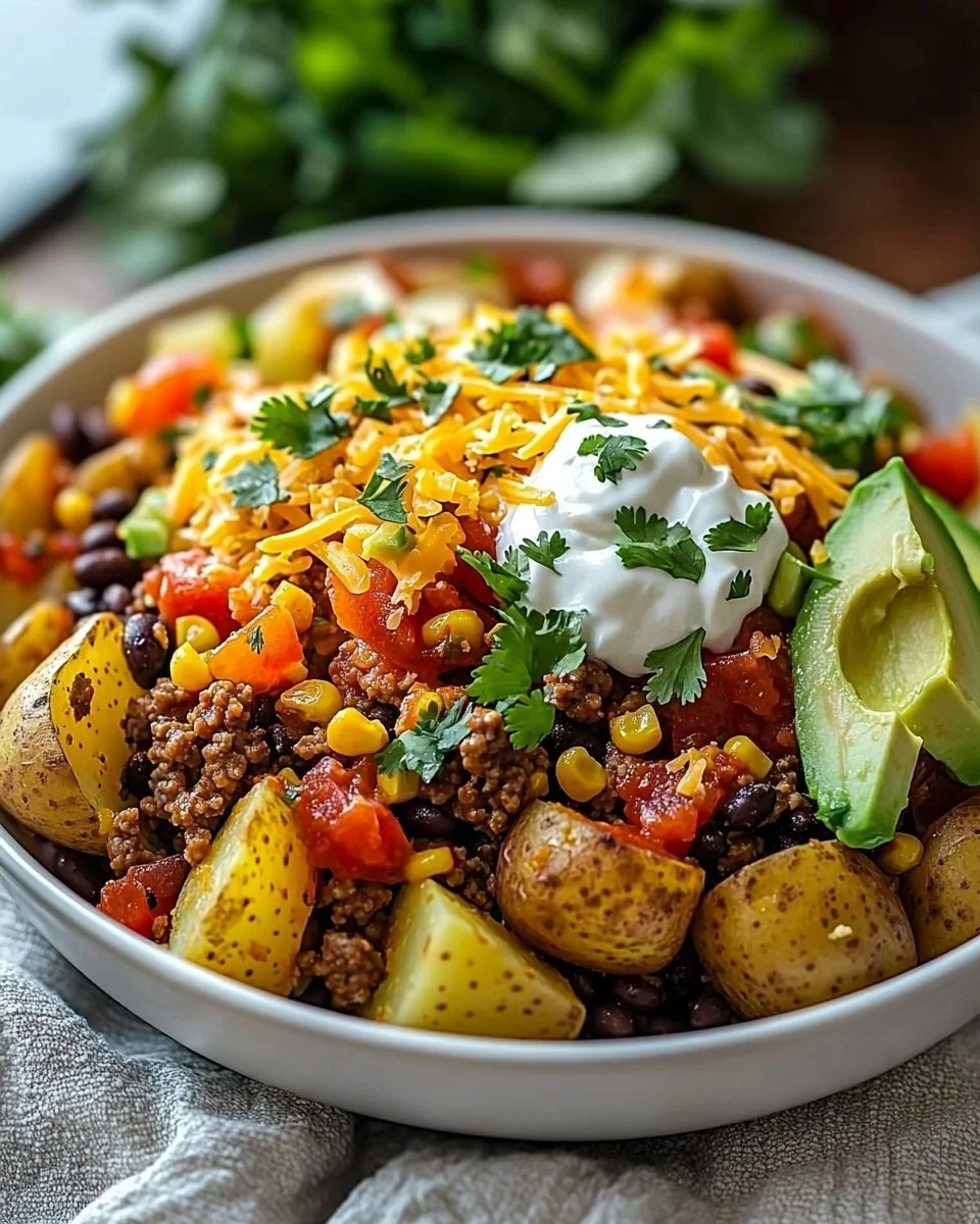 Loaded Potato Taco Bowl featuring crispy potatoes, fresh toppings, and bold flavors