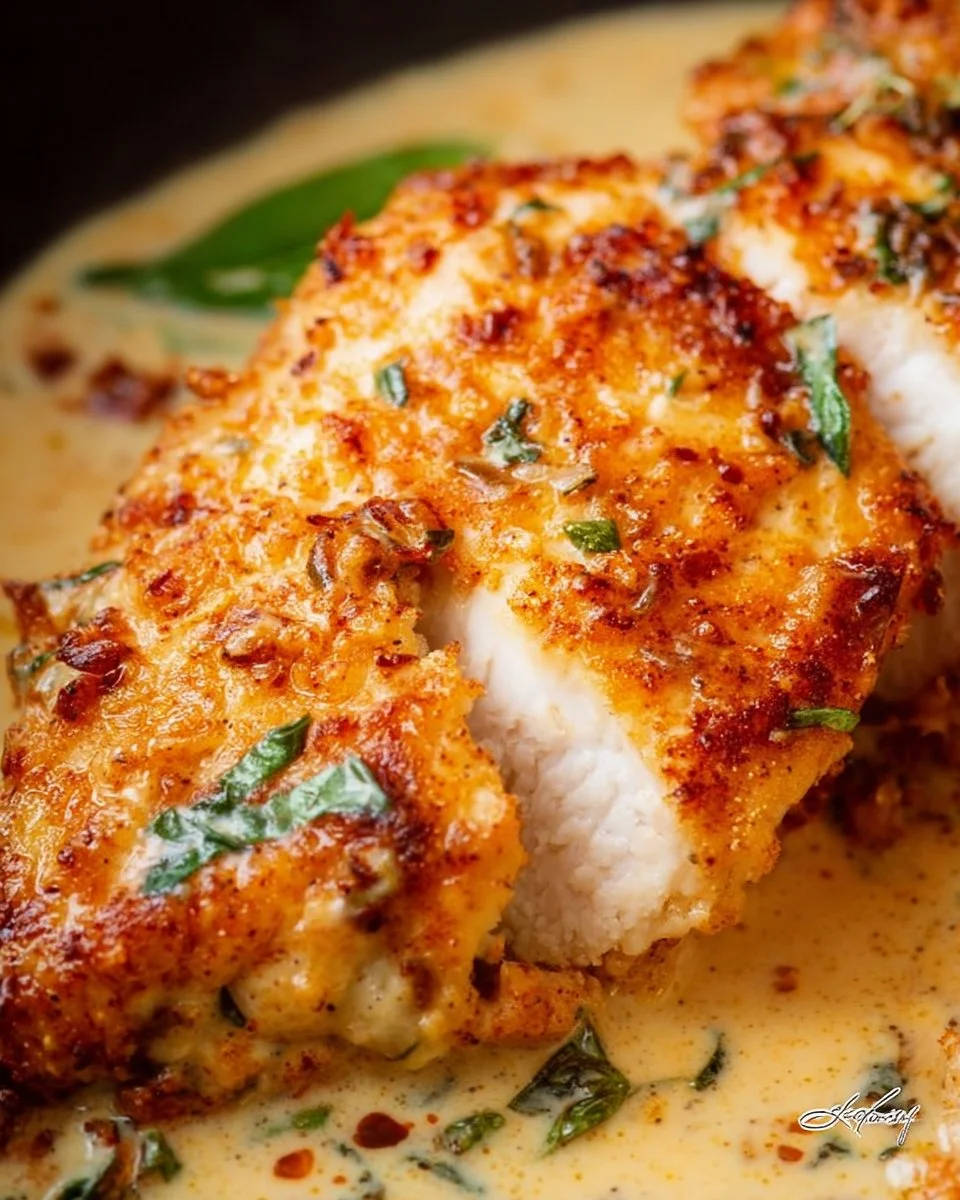 Plate of Marry Me Chicken garnished with herbs and served with pasta