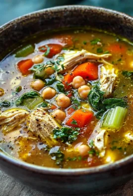 A bowl of Mediterranean Chicken Soup with fresh vegetables and herbs