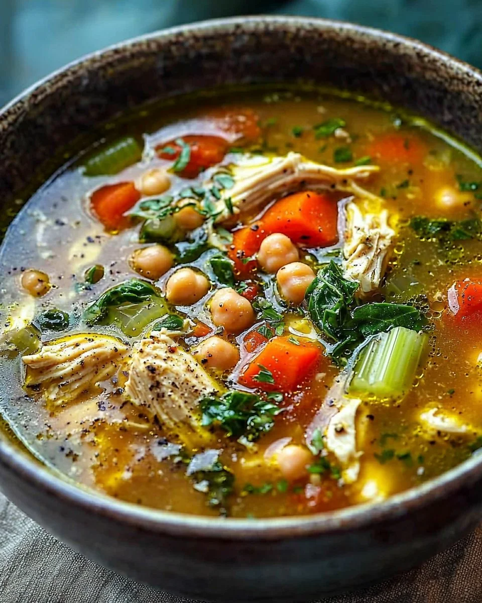 A bowl of Mediterranean Chicken Soup with fresh vegetables and herbs