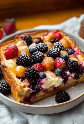 Mixed Berry Breakfast Casserole topped with fresh berries and custard