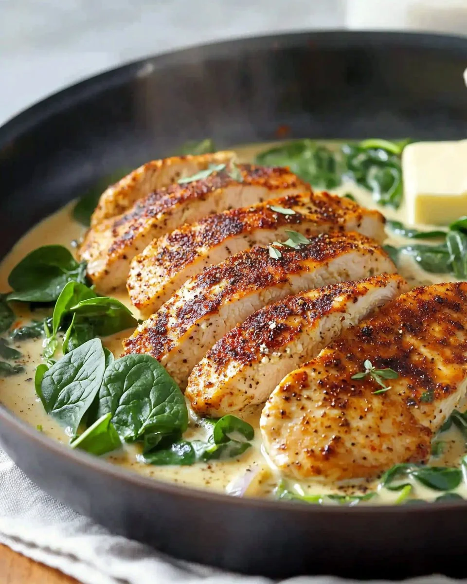 One Pan Blackened Chicken Alfredo with creamy sauce and spices
