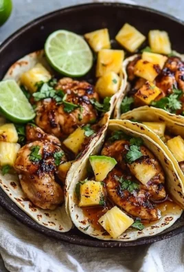 One pan chicken and pineapple tacos ready to serve on a colorful plate.