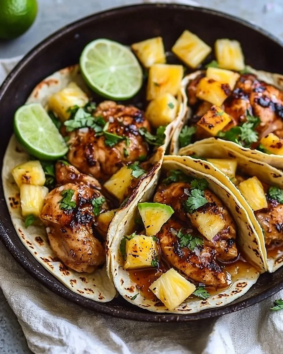 One pan chicken and pineapple tacos ready to serve on a colorful plate.